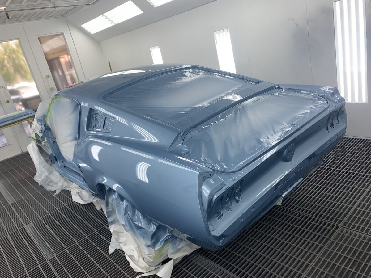 Classic Ford Mustang after full repaint in light blue at Crown Auto Body